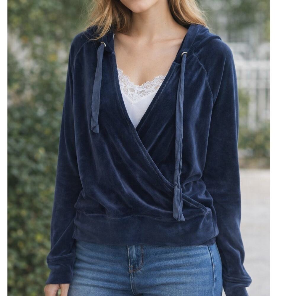 Anthropologie Saturday Sunday Navy Velour Wrap Hoodie Sweater Medium Y2K